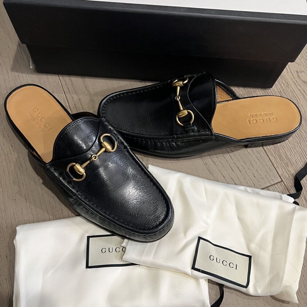 GUCCI Quentin Horsebit Mules Loafers Men's Open Roos Black Size 9 NEW
